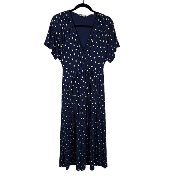 Boden Navy Blue & Gold Polka Dot Midi Dress with Pockets Women's US 4 Petite - Picture 1 of 9